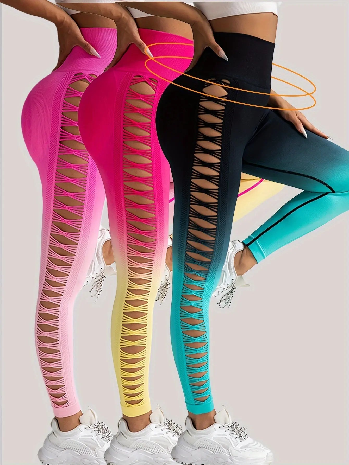 3 Pack Women's Gradient Color Butterfly Hollow High Waist Butt Lifting Long Fitness PantsÂ