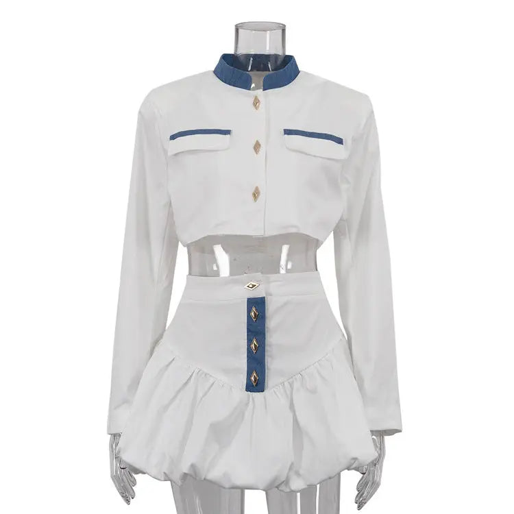 Stand-up Collar Long Sleeve Shirt & Bud Skirt Two-piece SetÂ