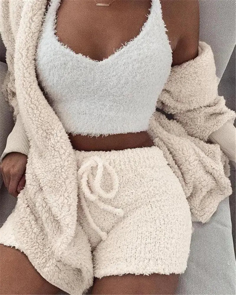 3pcs Womens Clothing Long Sleeve Crop Tank Top And Drawstring Shorts Pajama SetÂ