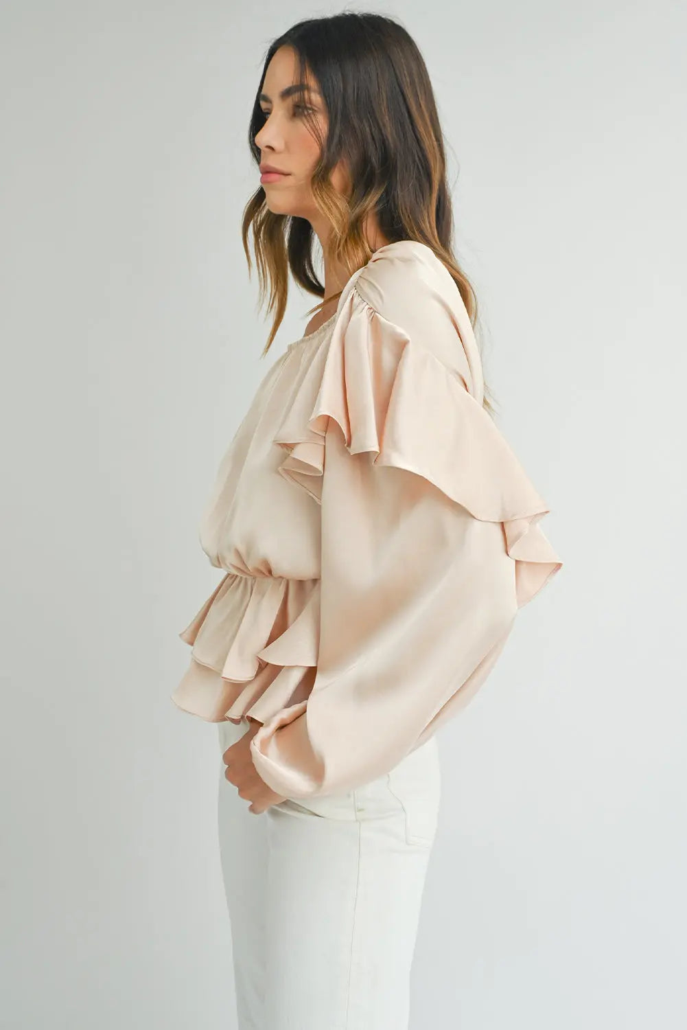 Oatmeal Lace-up Keyhole Back Ruffled Peplum BlouseÂ