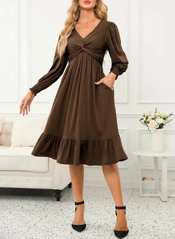 Wrap V-neck Long Sleeve Mid-length DressÂ