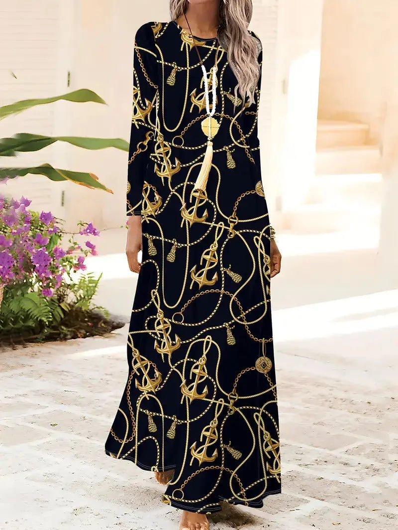 European And American Long Sleeve Artistic Retro Geometric Printed Round Neck Pullover DressÂ