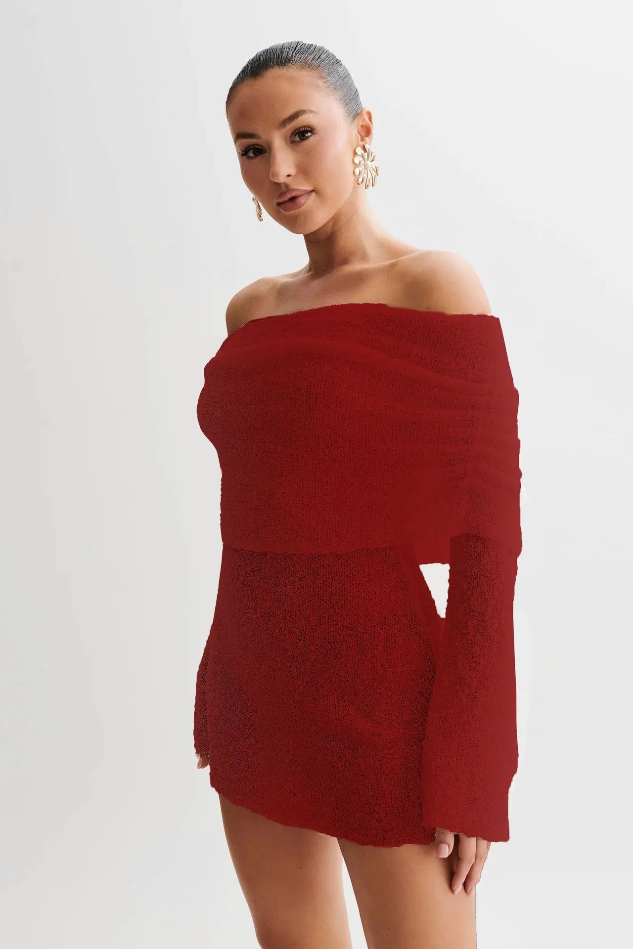 Women's Spring Summer Knitted Dress Elegant Party Boat Neck Dress Infant Off Shoulder Bodycon Long Sleeve Fuzzy Short Club Chic Mini DressÂ