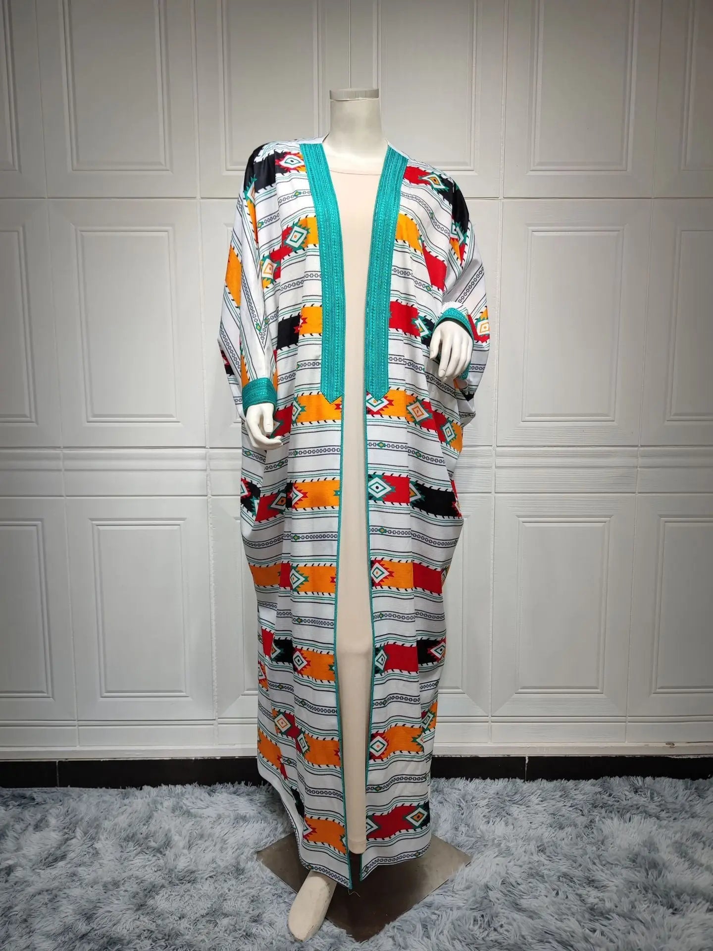 Striped Batwing Sleeve Muslim Vest Coat Two-piece Set Abaya DressÂ