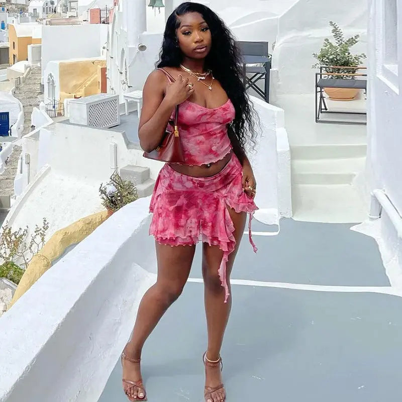 Fashion Printed Camisole Split Skirt Two-piece Suit TrendyÂ