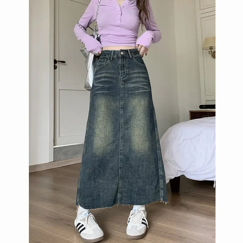 Retro High Waist Raw Hem Denim SkirtÂ