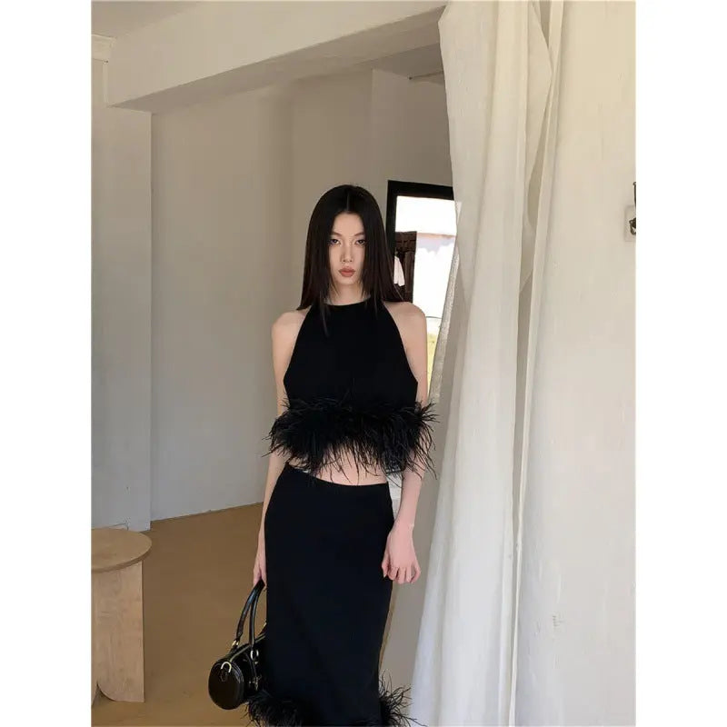 Halter Knitted Vest Women's Top Sheath Skirt SuitÂ