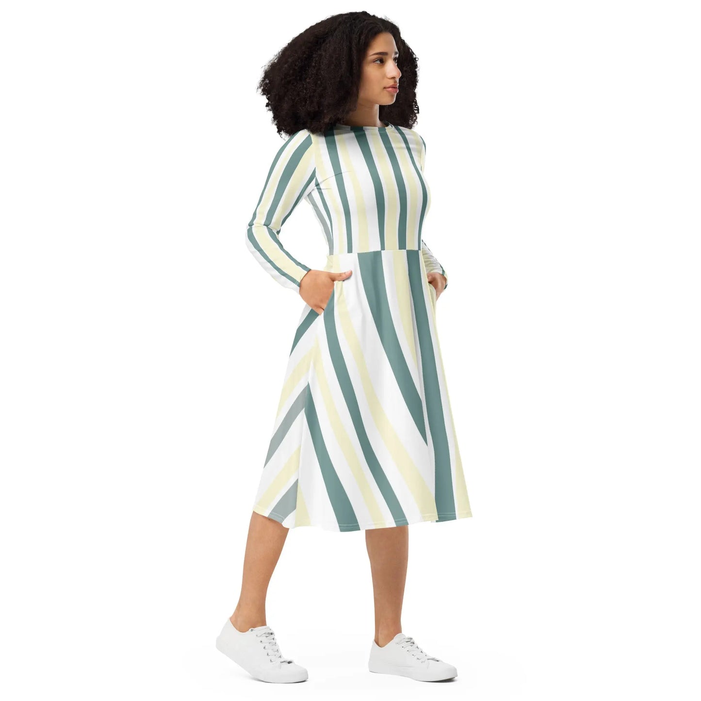 Womens Long Sleeve Midi Dress - Green Yellow Geometric LinesÂ