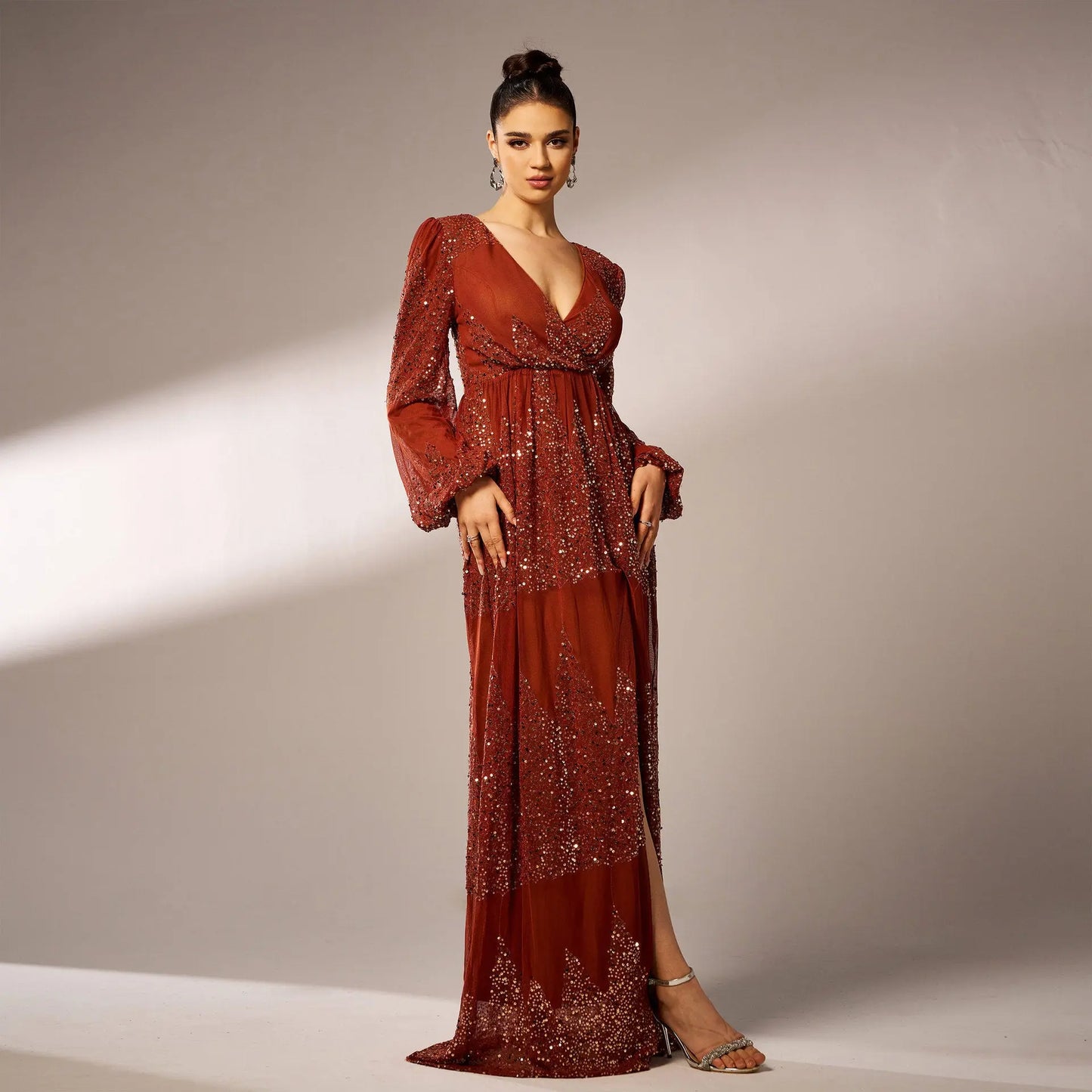 Long Sleeve V-neck Sexy Long Sequined Evening DressÂ