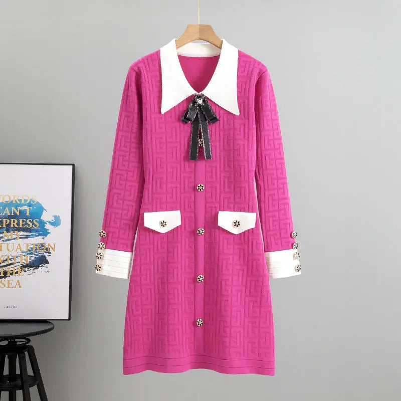 Ladies Bow Lapel Long Sleeve Knitted DressÂ