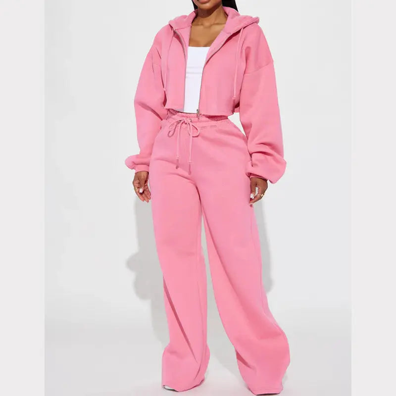 European And American Hooded Front Cardigan Zipper Sweater Wide Leg Loose Trousers SuitÂ