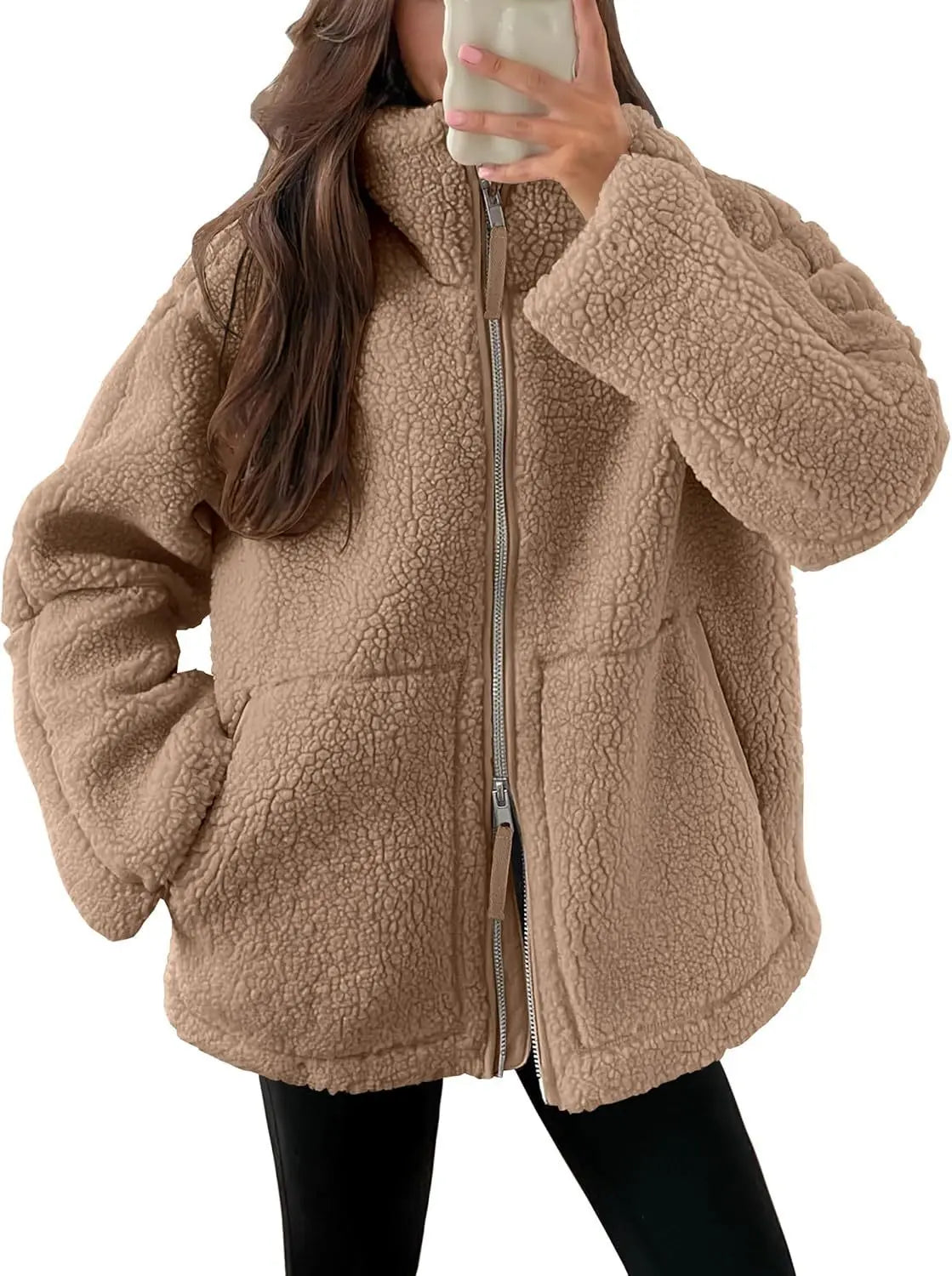 Winter Lapel Zip-up Coat With Pockets Casual Fashion