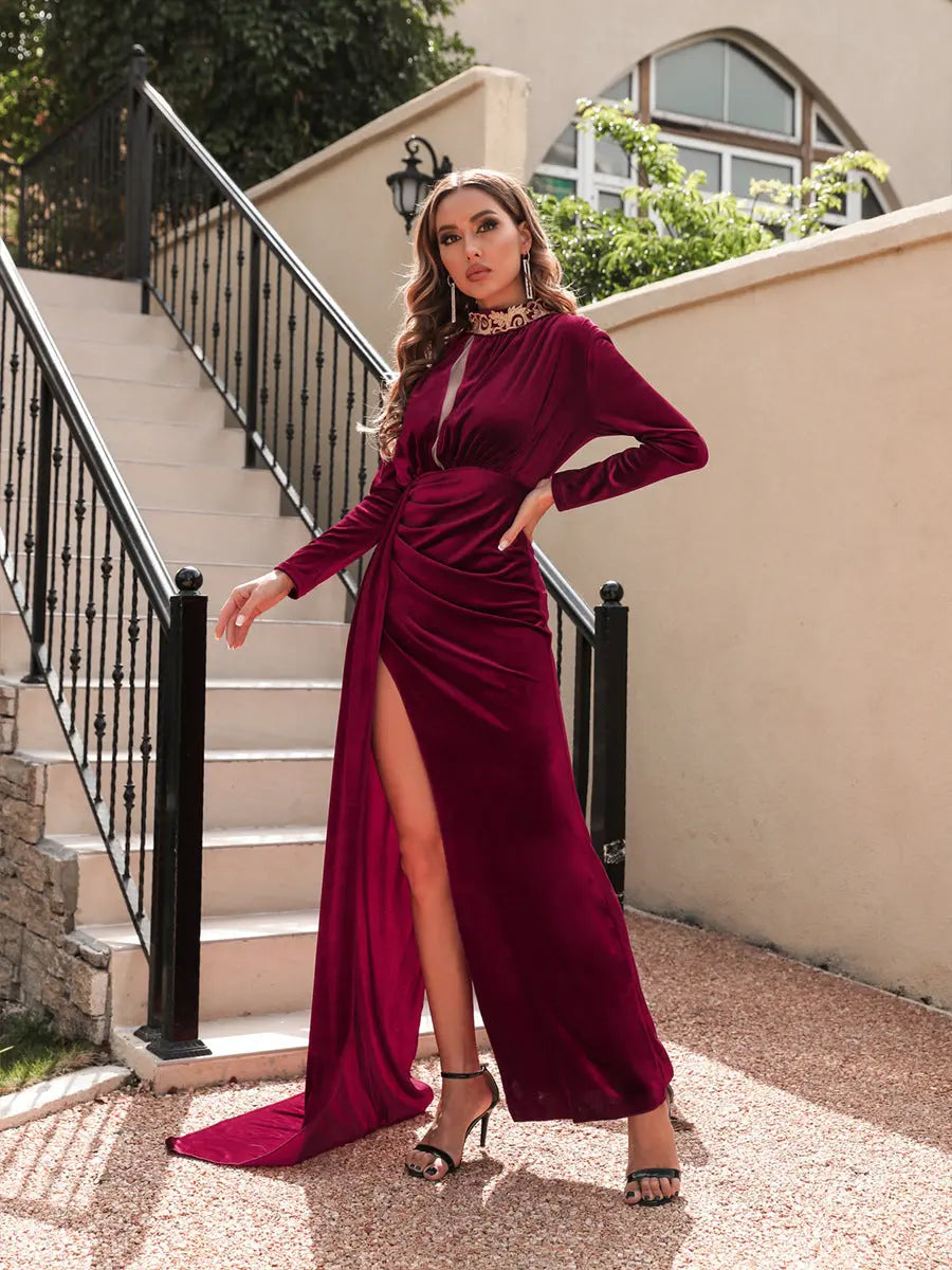 Women's Korean Velvet High Neck Sexy Evening DressÂ