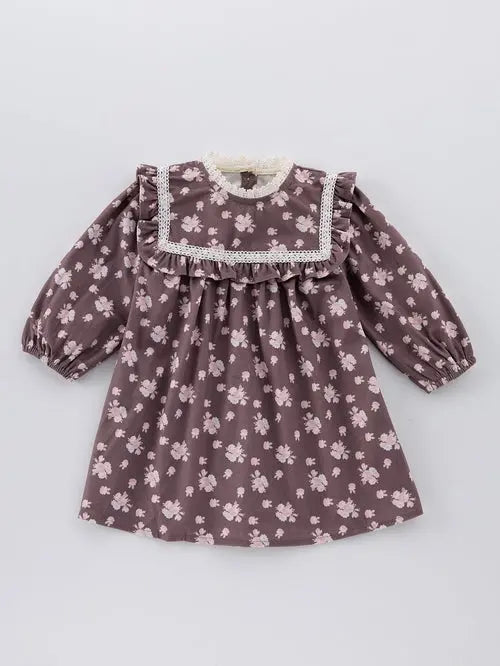 Spring and Autumn Floral Print Long-sleeved Dress with Lace Collar forÂ