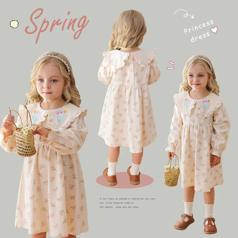 Spring and Autumn Flowers Pattern Long-sleeved Dress for Stylish GirlsÂ
