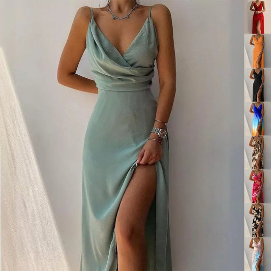 V-neck Slit Sling Dress Summer Fashion Sexy Slim Suspender Dresses For Women Clothing 