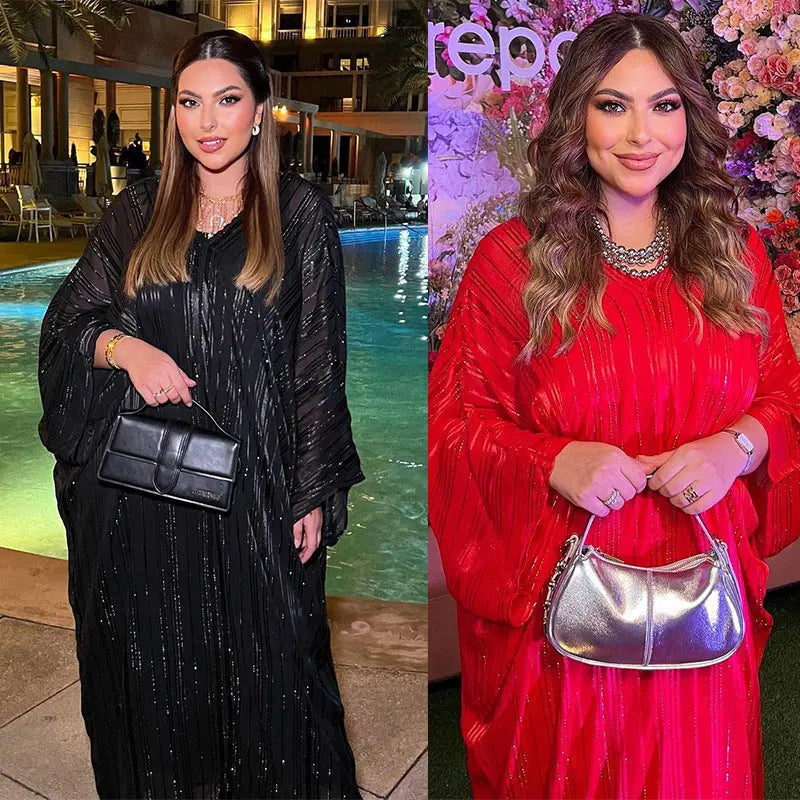 Muslim Abaya Fashion Dress Black Robe Shiny Figured Cloth Robe Two-piece Set 