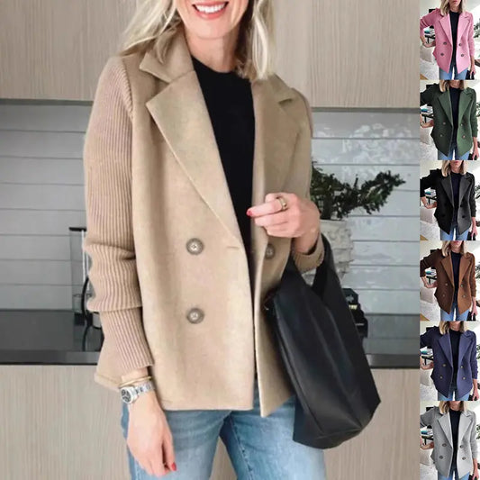 Double Breasted Lapel Jacket Fashion Knitted Sleeves Splicing Design Coat Outerwear Women's Clothing 