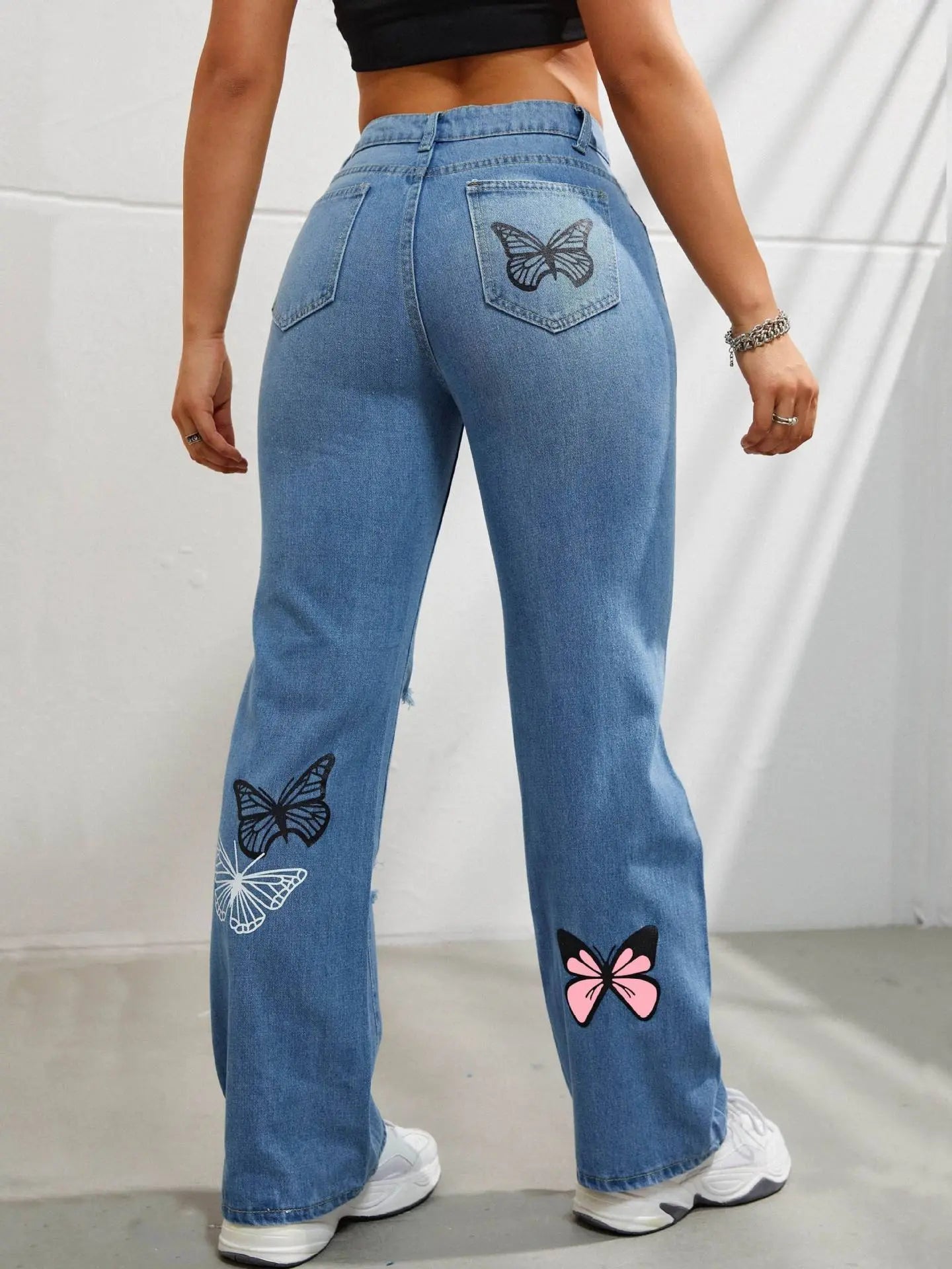 High Waisted Straight Leg Jeans For Women Trendy Butterfly Print Ripped Distressed Denim Pants 