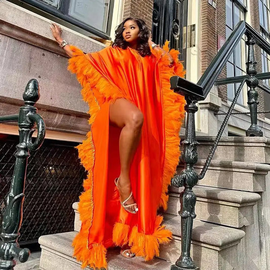 African Women's Loose Dress Luxury Fully Surrounded Light Feather Batwing Sleeve High Slit Robe 