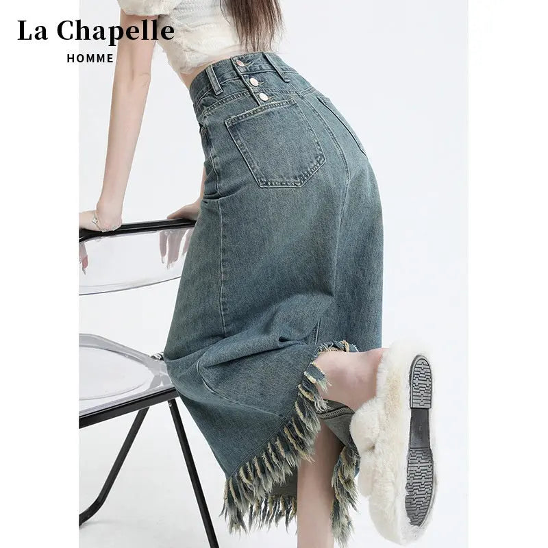 Retro Slit Denim Skirt Women's Tassel Mid-length Hip Skirt 
