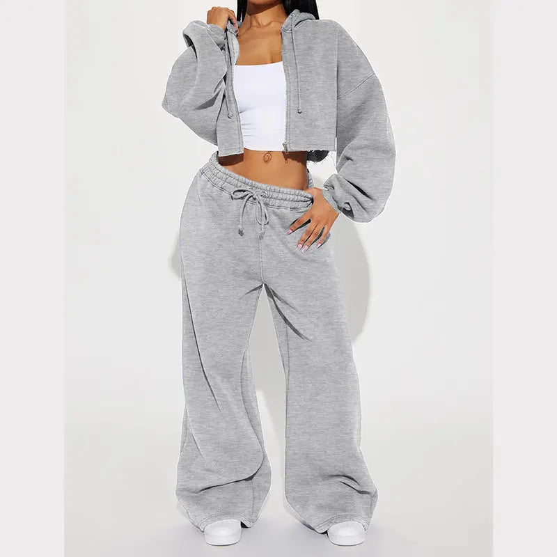 European And American Hooded Front Cardigan Zipper Sweater Wide Leg Loose Trousers Suit 