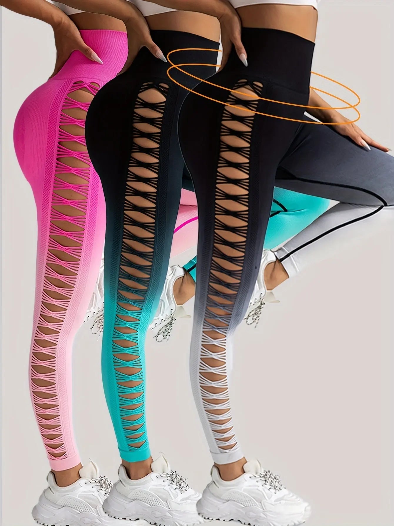 3 Pack Women's Gradient Color Butterfly Hollow High Waist Butt Lifting Long Fitness Pants 
