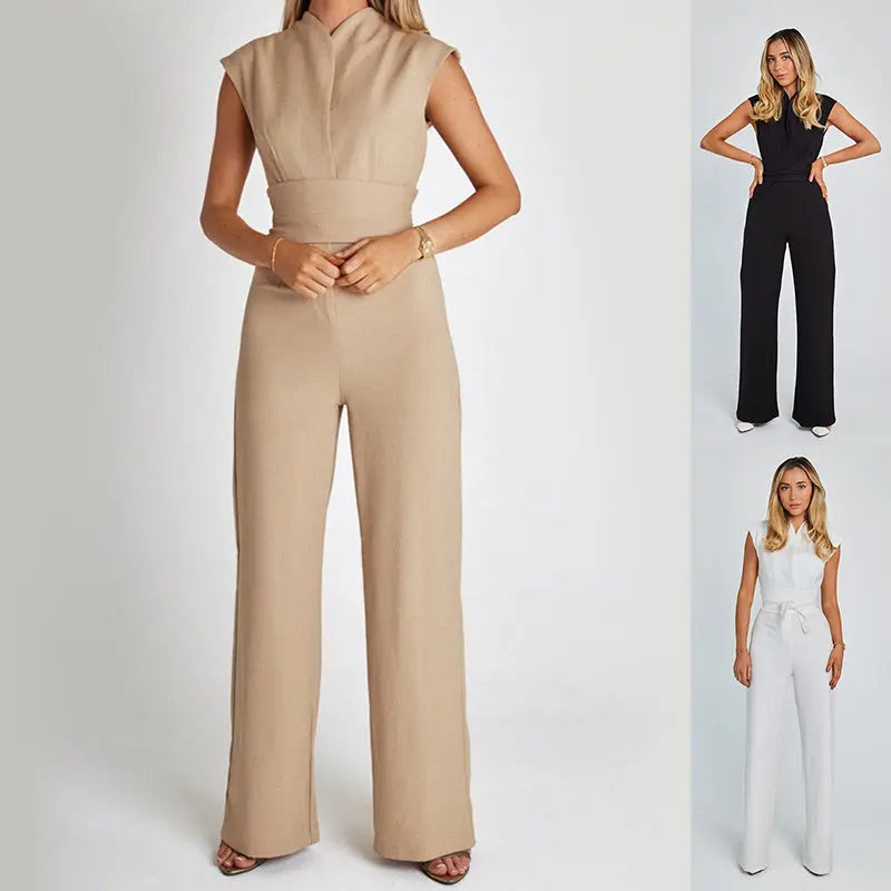 Fashion Elegant Long Sleeveless Jumpsuit Summer V-neck Casual Wide Leg Long Overalls Clothing For Women 