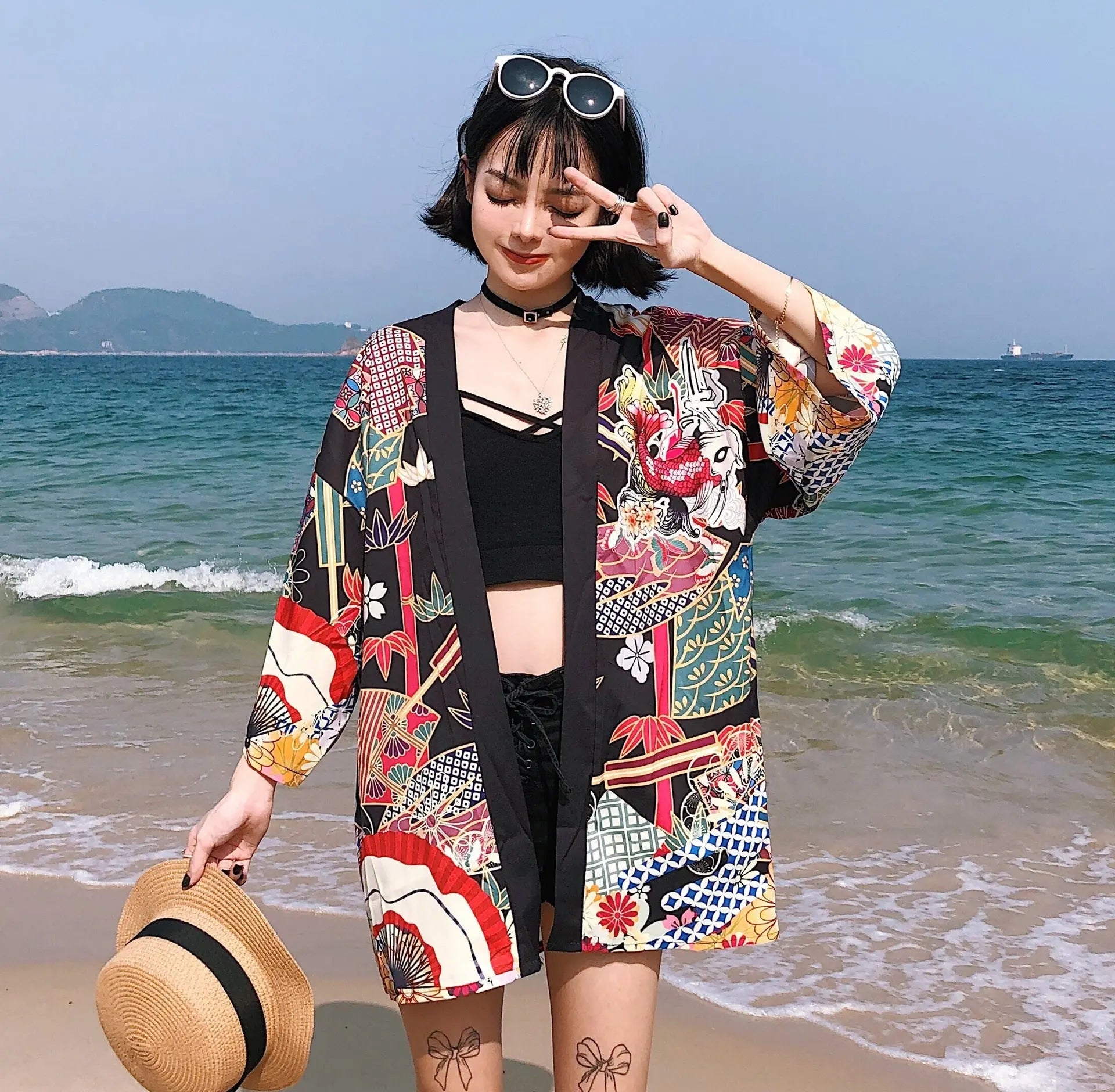 Loose Street Sun Protection Clothing Middle Sleeve Graffiti Kimono Travel Thin Coat 