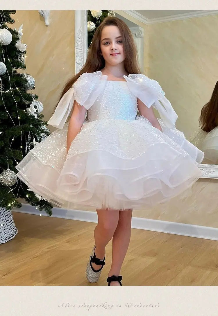 Girls' White Birthday Party Formal Dress Skirt 