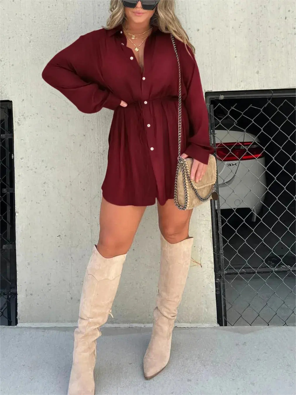 Women's Long Sleeve Jumpsuit With Button Fashion Shirt Dress 
