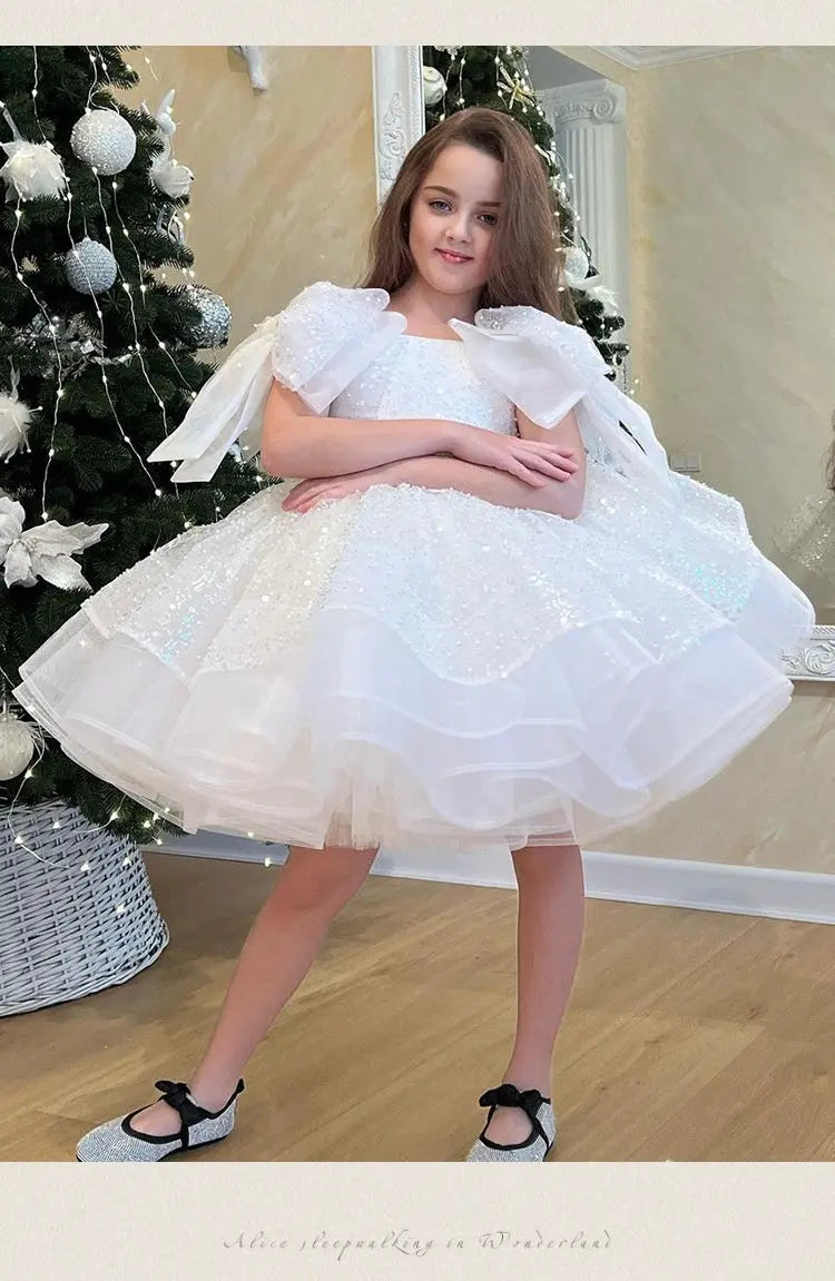 Girls' White Birthday Party Formal Dress Skirt 