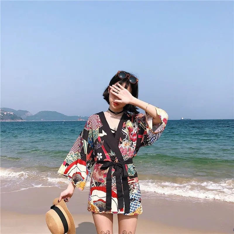 Loose Street Sun Protection Clothing Middle Sleeve Graffiti Kimono Travel Thin Coat 