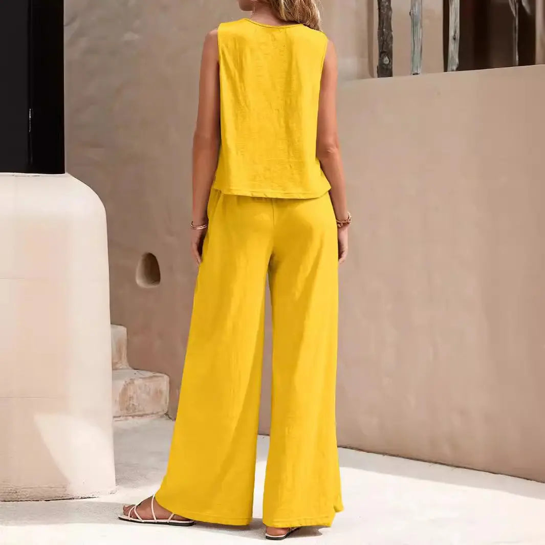 Summer Solid Color Casual Loose Pants & Suit Two Pieces Sets For Women 
