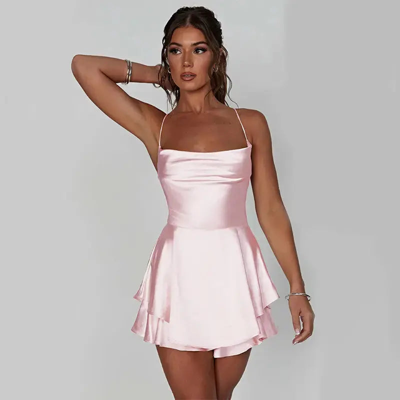 Sexy Suspender Skirt For Women Elegant Slim Strap Satin Backless Lace Up A-Line Short Dress Lady 