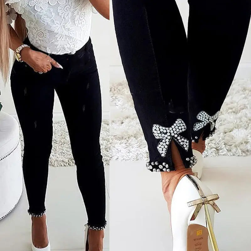 Slim Jeans Women Butterfly Sticky Flower Beaded Split Trousers 