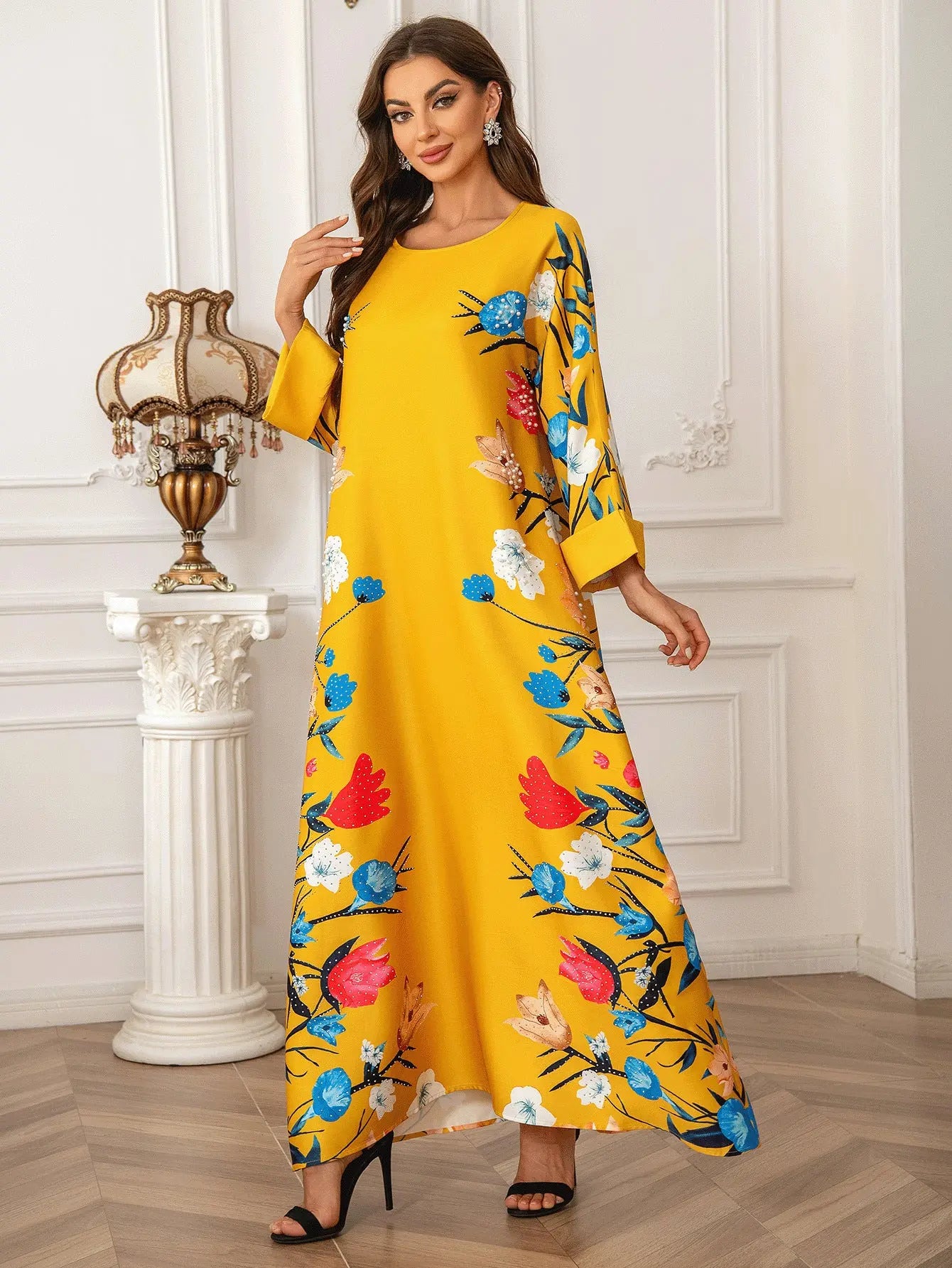 Dubai Fashion Printed Hot Diamond Women's Robe Abaya Muslim Dress 