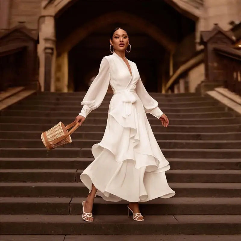 V-neck Prom Dress Long Sleeve Ruffles Long Prom Dress Elegant Dresses For Women White Satin Dress Layered Woman Clothes Casual 