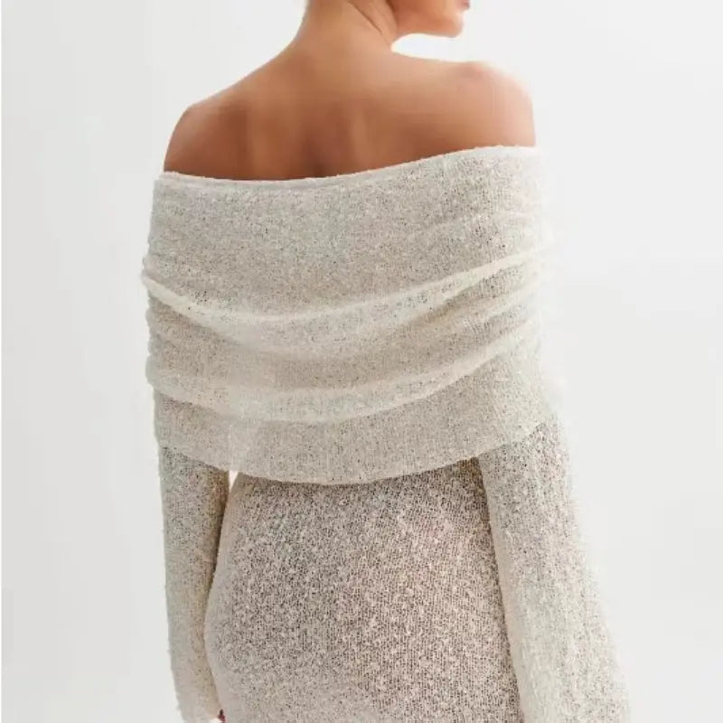 Women's Spring Summer Knitted Dress Elegant Party Boat Neck Dress Infant Off Shoulder Bodycon Long Sleeve Fuzzy Short Club Chic Mini Dress 
