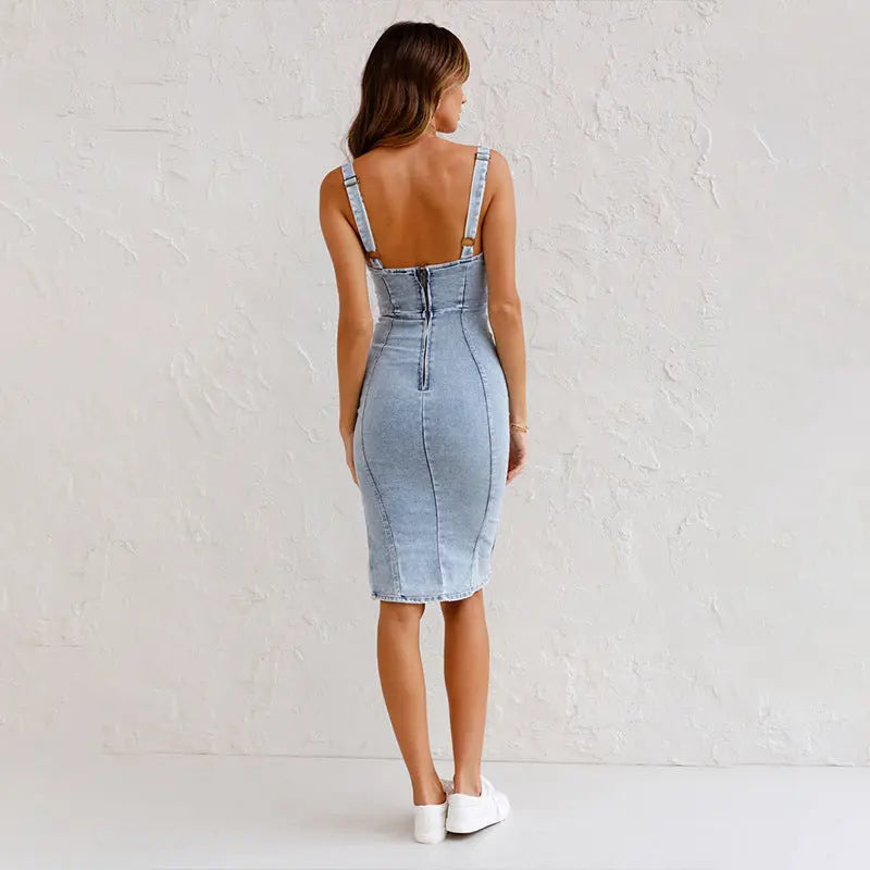 New U-neck Suspender Denim Dress Summer Casual Tight Slim Fit Dresses With Slit Design Womens Clothing 