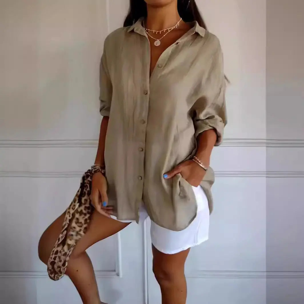 Lapel Long Sleeve Shirt Women's Single-breasted Pleated Shirt 