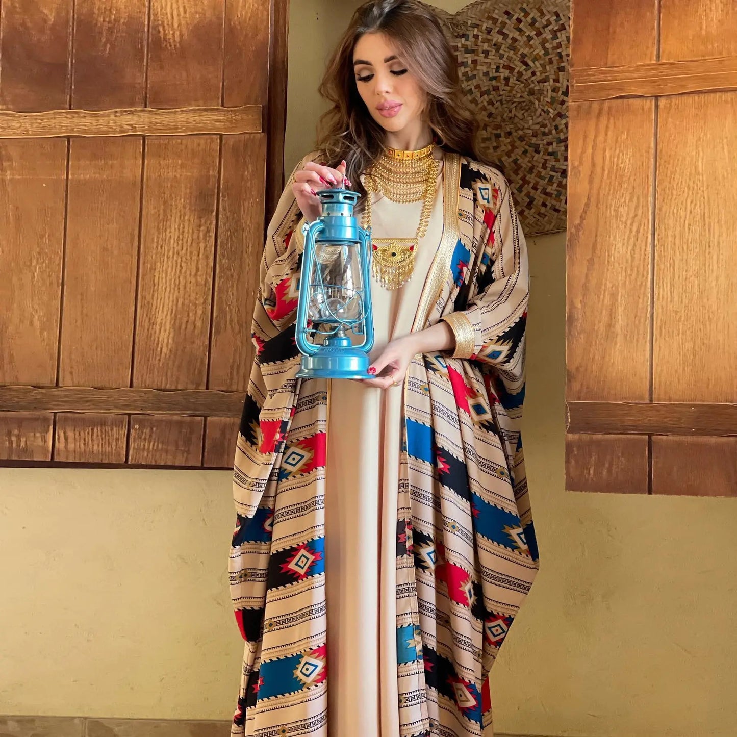Striped Batwing Sleeve Muslim Vest Coat Two-piece Set Abaya Dress 