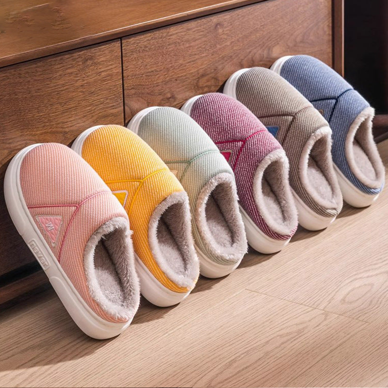 Solid Striped Home Slippers Winter Warm Fleece Shoes