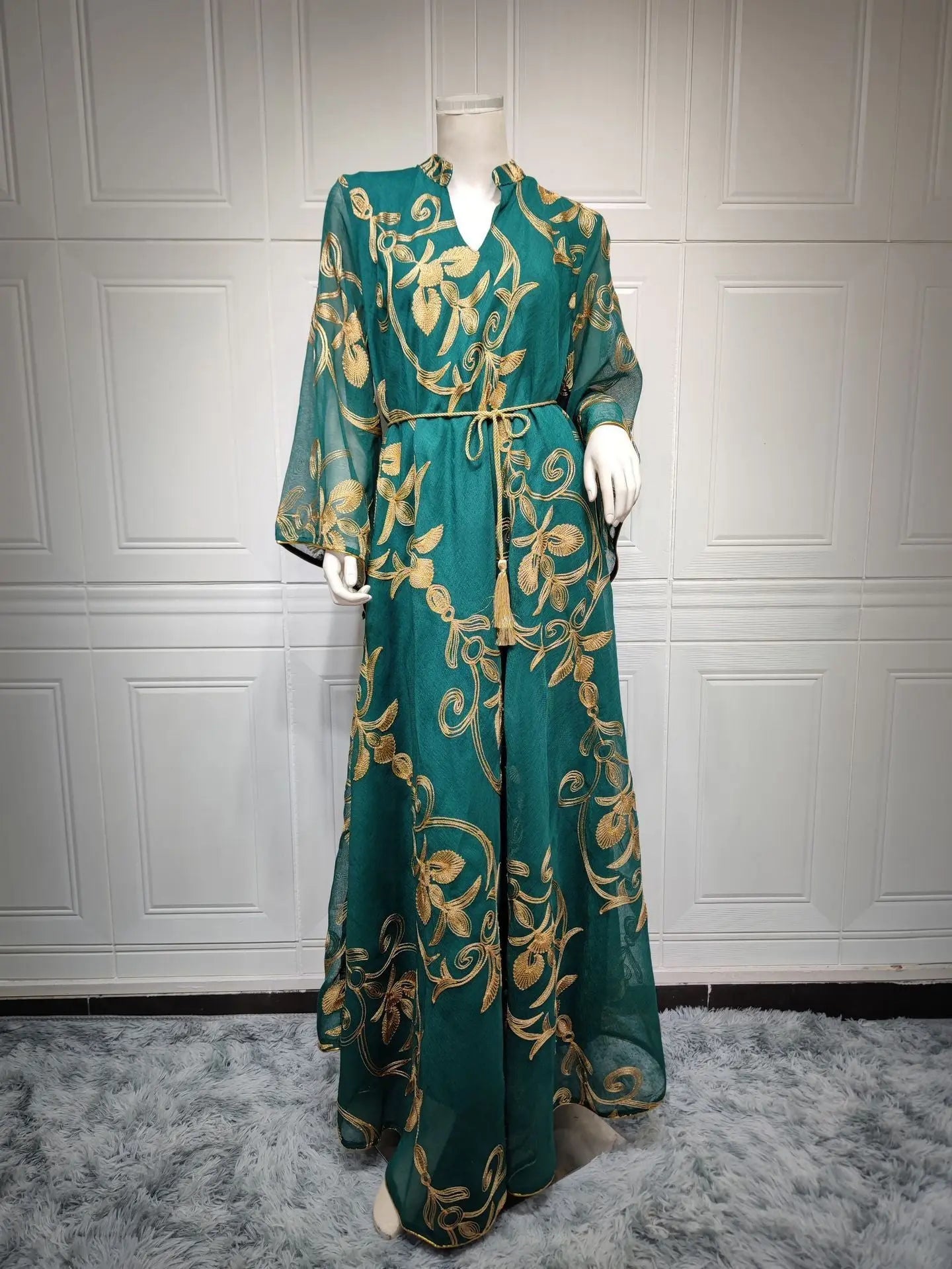 Arab Dubai Embroidered Mesh Dress European Muslim Party Dinner Fashion 