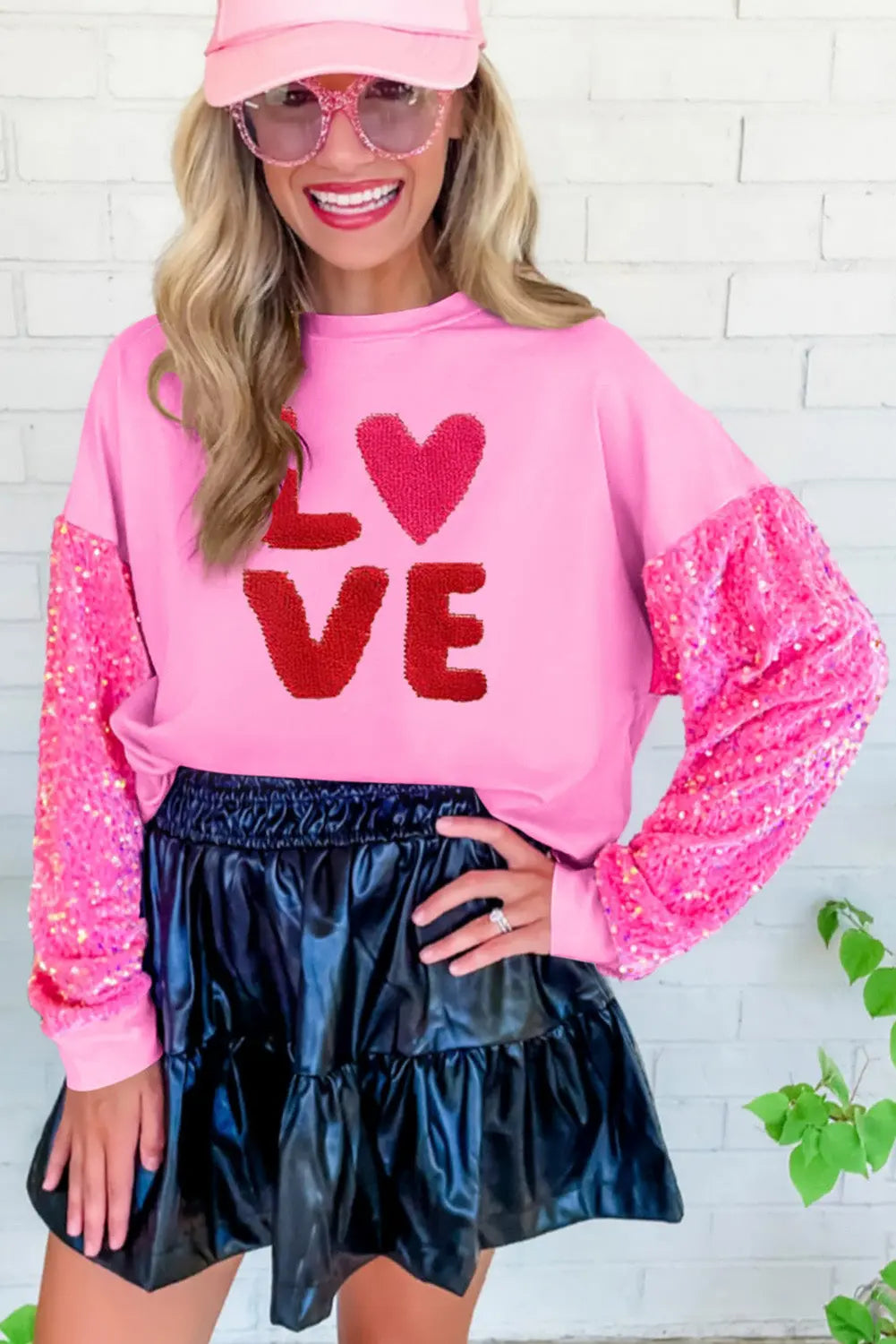 Pink Valentines LOVE Chenille Embroidered Sequin Sleeve Sweatshirt 