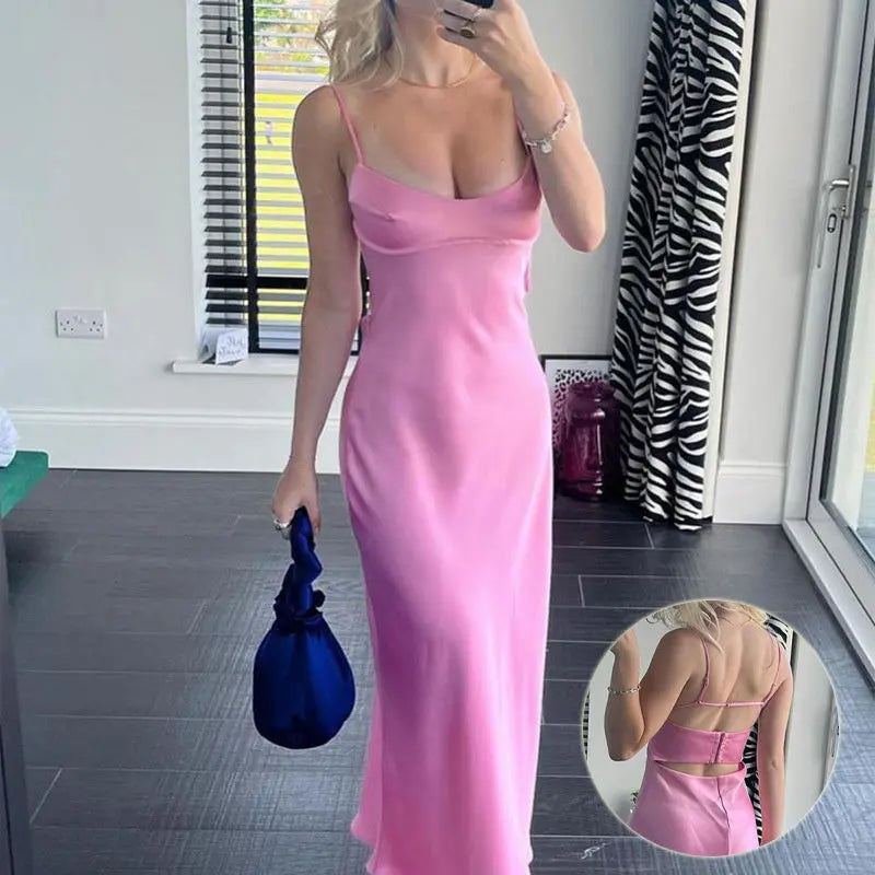 Women Camis Satin Long Dresses Elegant Sleeveless Slip Holiday Party Dresses Sexy Casual Backless Summer Dresses 