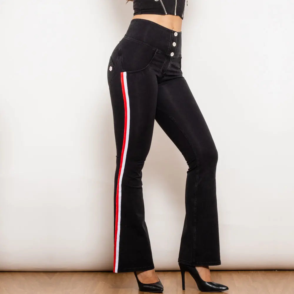 Shascullfites Melody Black Striped Flared Lift Jeggings Button Up Jeans Shaping Jeans Women High Waist Flare Jeans 