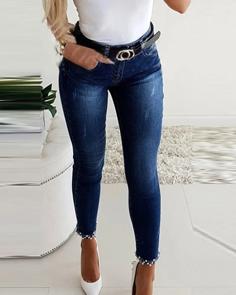 Slim Jeans Women Butterfly Sticky Flower Beaded Split Trousers 