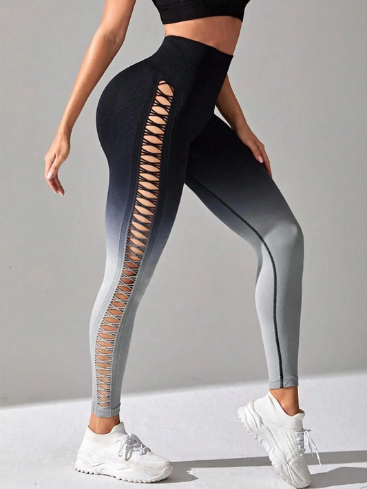 Women's High-Waisted Gradient Yoga Pants, Cutout Leggings, Booty Lifting, Athletic Long Tights For Fitness Workout, Breathable Sportswear 