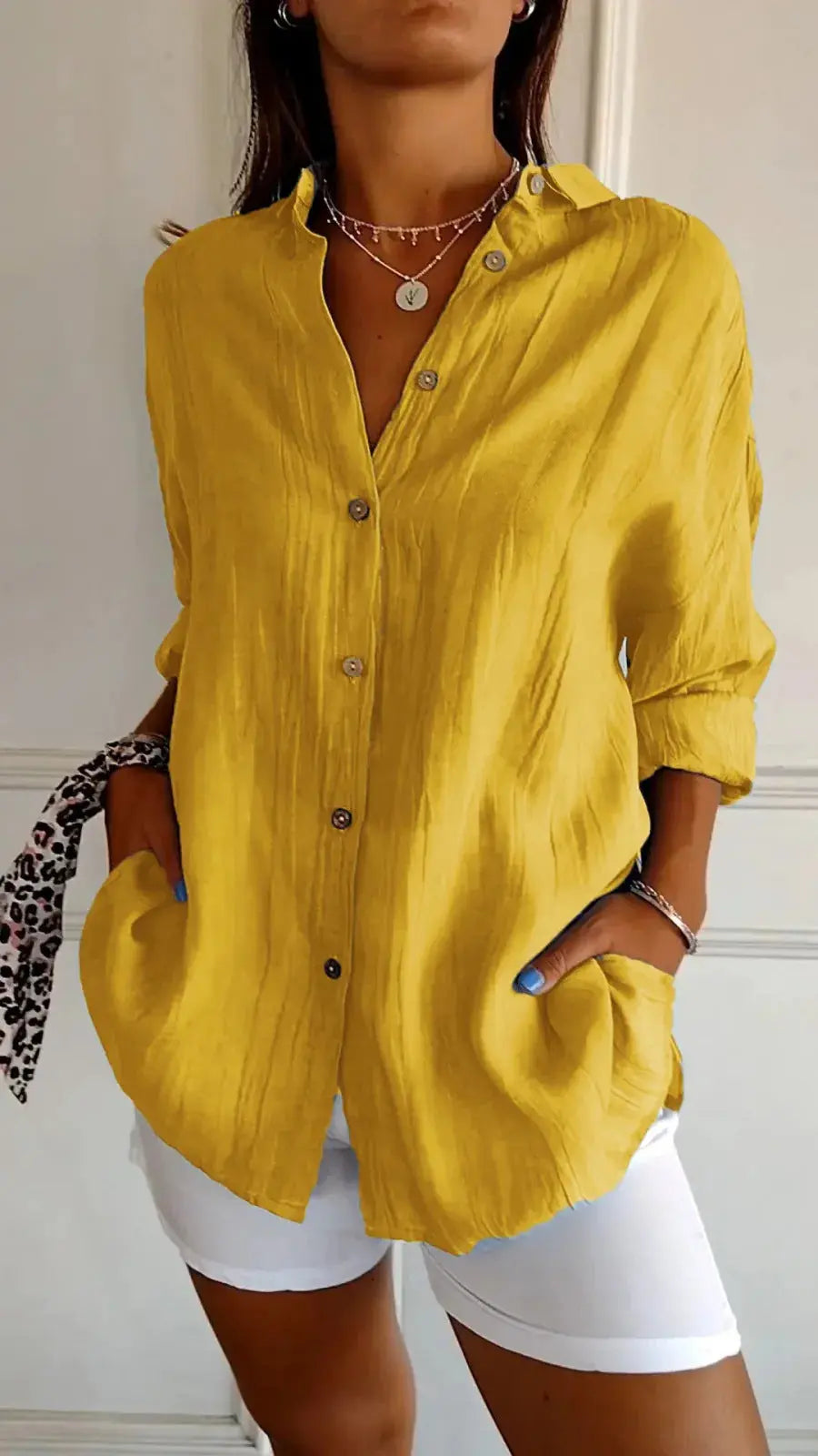 Lapel Long Sleeve Shirt Women's Single-breasted Pleated Shirt 